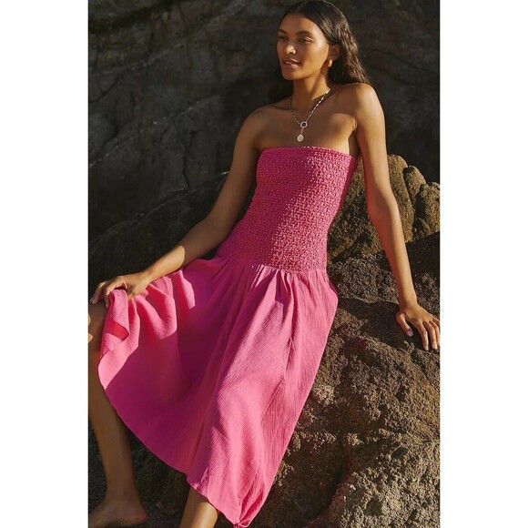 By Anthropologie Strapless Smocked Cover-Up Dress Pink Rose Large Fairy Hem - Picture 2 of 13